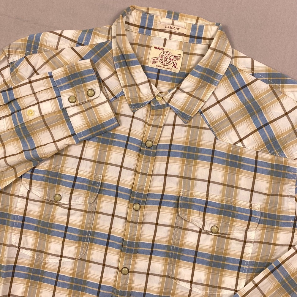 Lucky Brand Genuine Western Plaid Pearl Snap Shirt Mens XL Blue Tan Casual